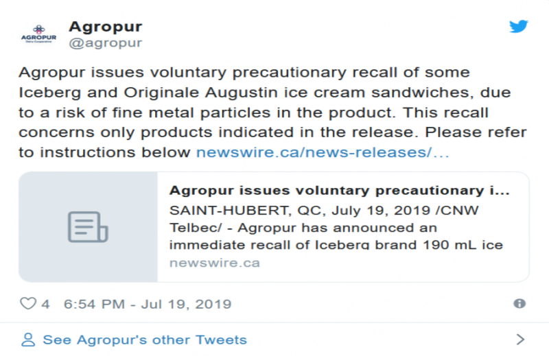 Agropur生产的两款冰淇淋疑含金属颗粒召回